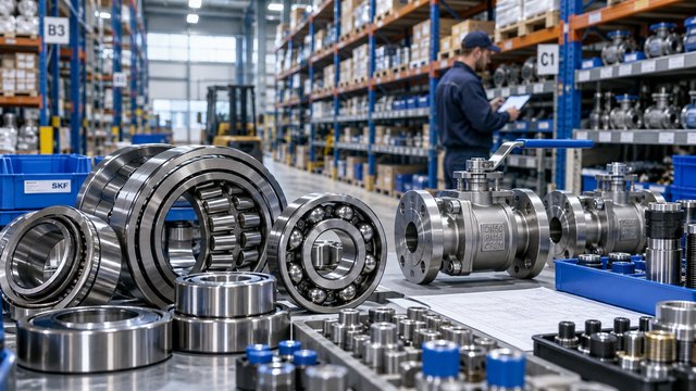 Illustrative scene: precision bearings and industrial components arranged in a warehouse environment.