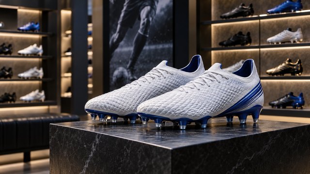 Illustrative scene: premium football boots displayed in a specialist footwear store.