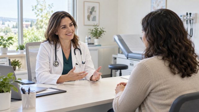 Illustrative scene: a doctor speaks with a patient in a bright consultation room.