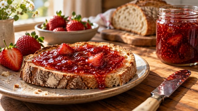 Illustrative scene: strawberry marmalade spread on rustic bread beside fresh strawberries.