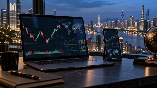Illustrative scene: a laptop and phone display market charts beside a city skyline at blue hour.