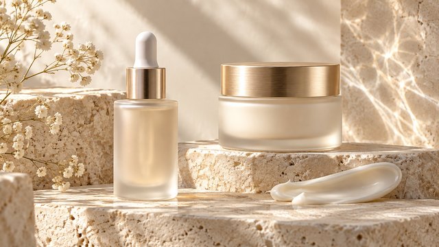 Illustrative scene: a frosted serum bottle and cream jar arranged on pale stone plinths.
