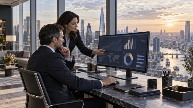 Illustrative scene: investment professionals review portfolio information in an office overlooking a city.