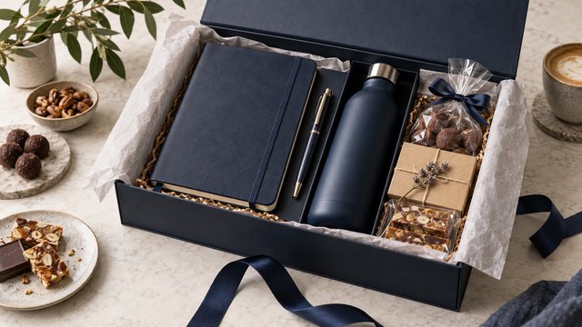Illustrative scene: a premium corporate gift box with a notebook, pen, bottle and wrapped treats.