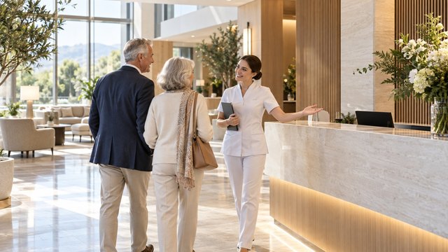 Illustrative scene: a healthcare concierge welcomes visitors in a contemporary private healthcare reception.