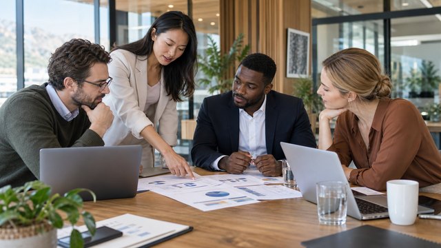 Illustrative scene: business professionals collaborate around a table with laptops and printed charts.