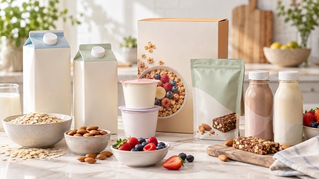 Illustrative scene: an assortment of nutrition products with oats, berries and almonds.