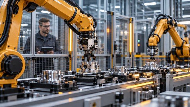 Illustrative scene: industrial robot arms work on a modern automated production line.