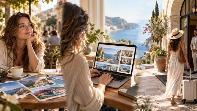 Illustrative scene: a traveller moves from researching a trip to booking and arriving at a Mediterranean hotel.